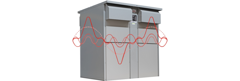 K-factor rated dry-type transformer with waveform graphics illustrating power conditioning and reliable operation under modern non-linear electrical loads.