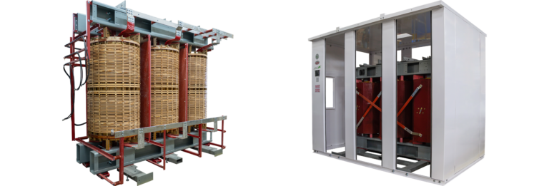 Comparison of VPI and cast coil dry-type transformers showing an open ventilated VPI transformer beside an enclosed cast coil transformer for industrial power distribution.